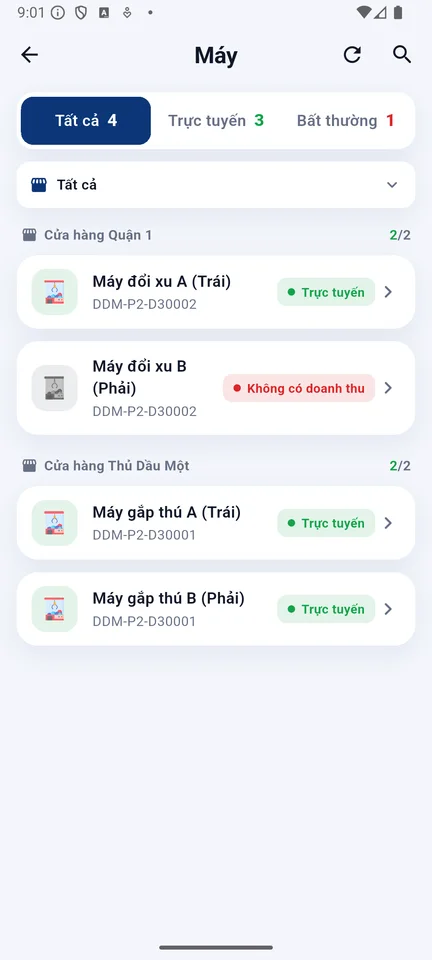 Danh sách máy và trạng thái
